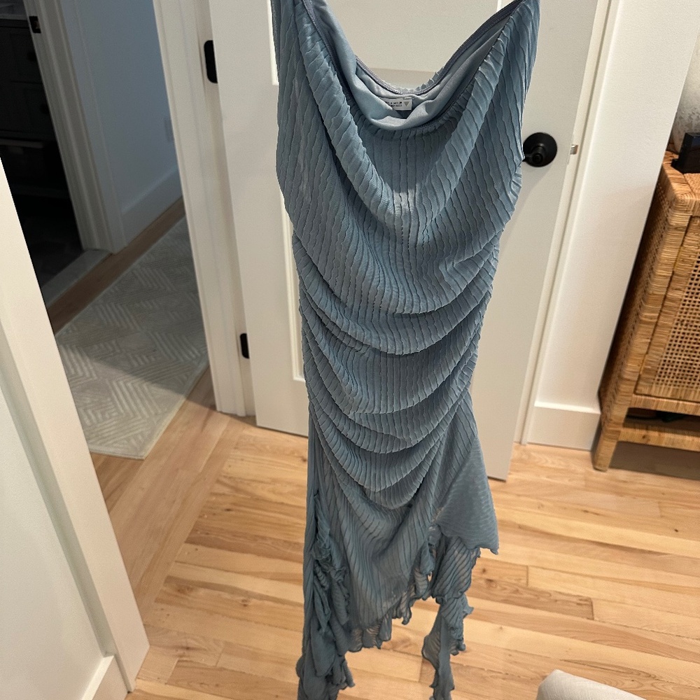 Zara strapless ruffle hem dusty blue dress